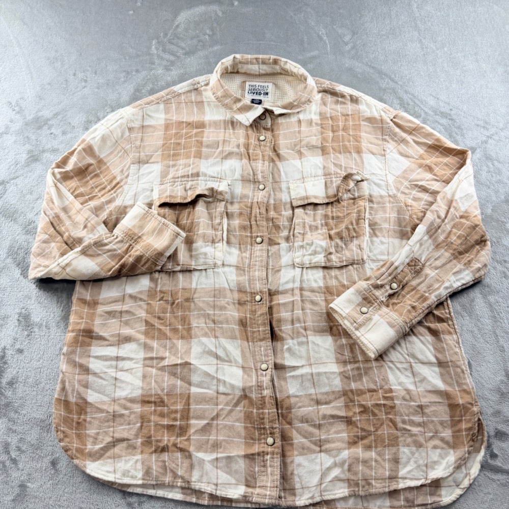 American Eagle Women's L Seriously Lived-In Tan Plaid Flannel Button Down Shirt